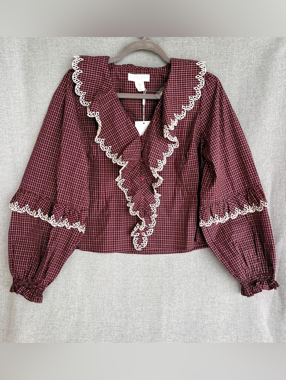 Caroline Constas Ruffled Plaid Embroidered wide long sleeve Cotton blouse size S - Picture 5 of 13